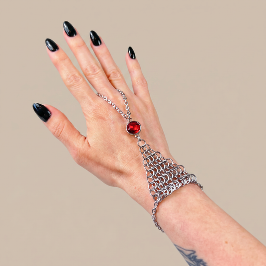 Chainmail and rhinestone ring bracelet hand chain, red, blue or purple Baguette Magick