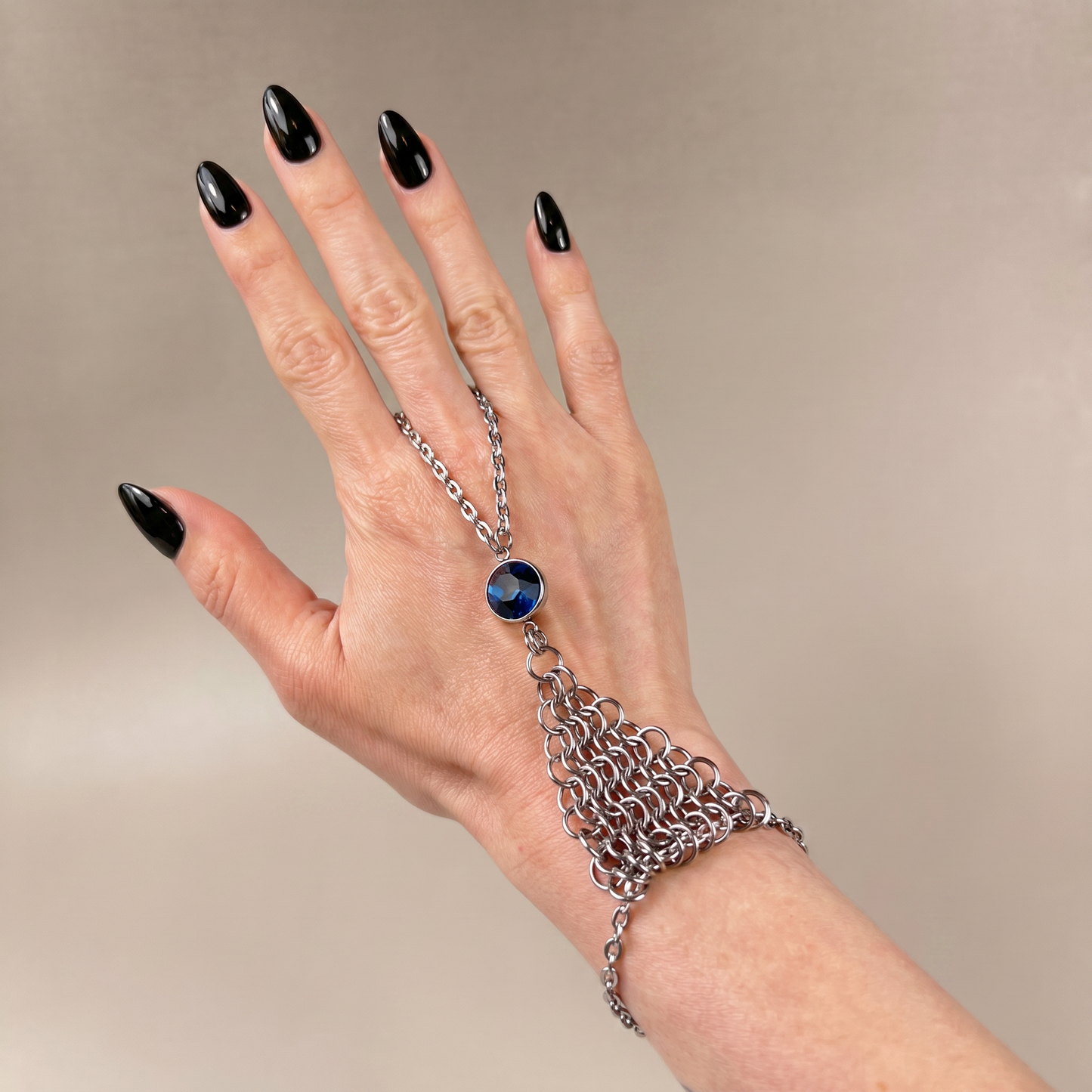 Chainmail and rhinestone ring bracelet hand chain, red, blue or purple Baguette Magick