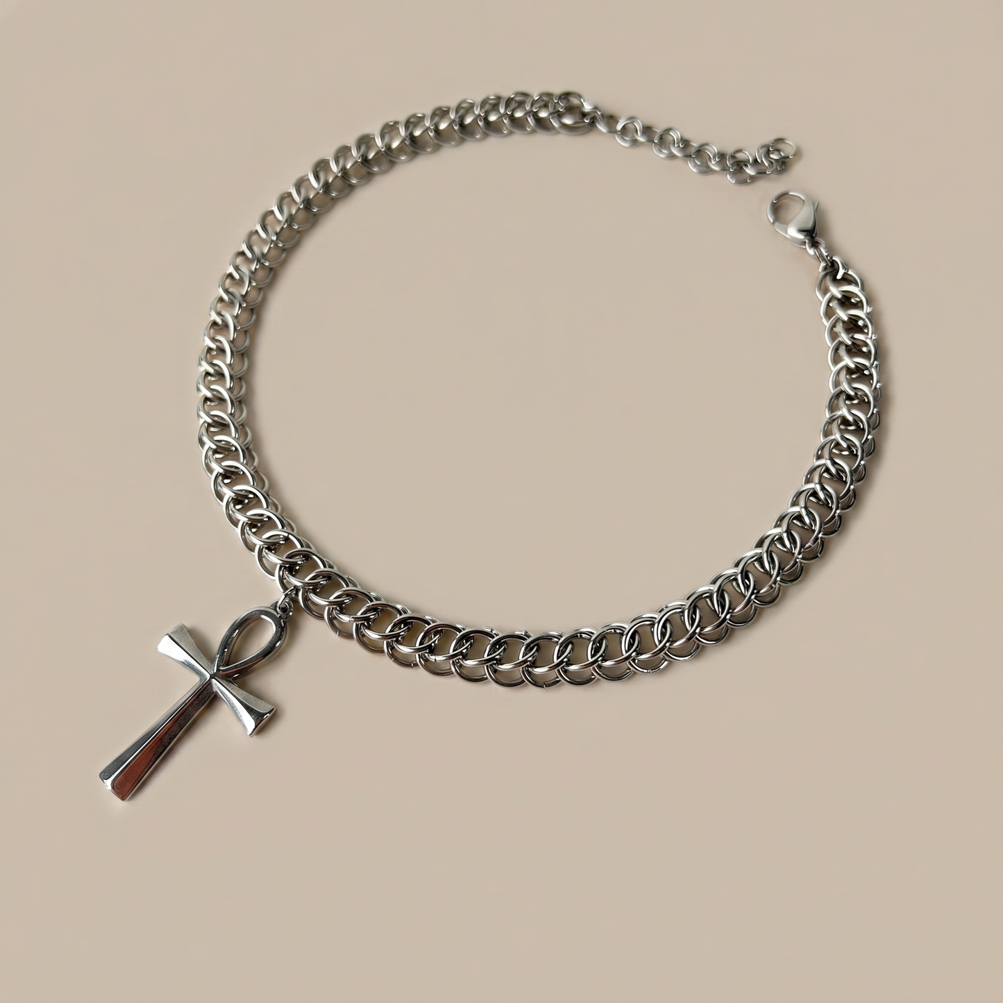 Half Persian chainmail choker with an Ankh pendant, Egyptian cross, necklace