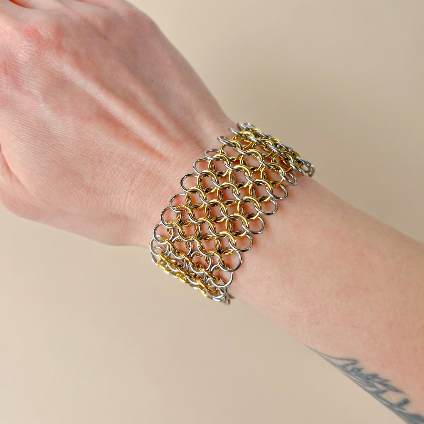 Chainmail bracelet European 4 in 1 silver and gold tones Baguette Magick