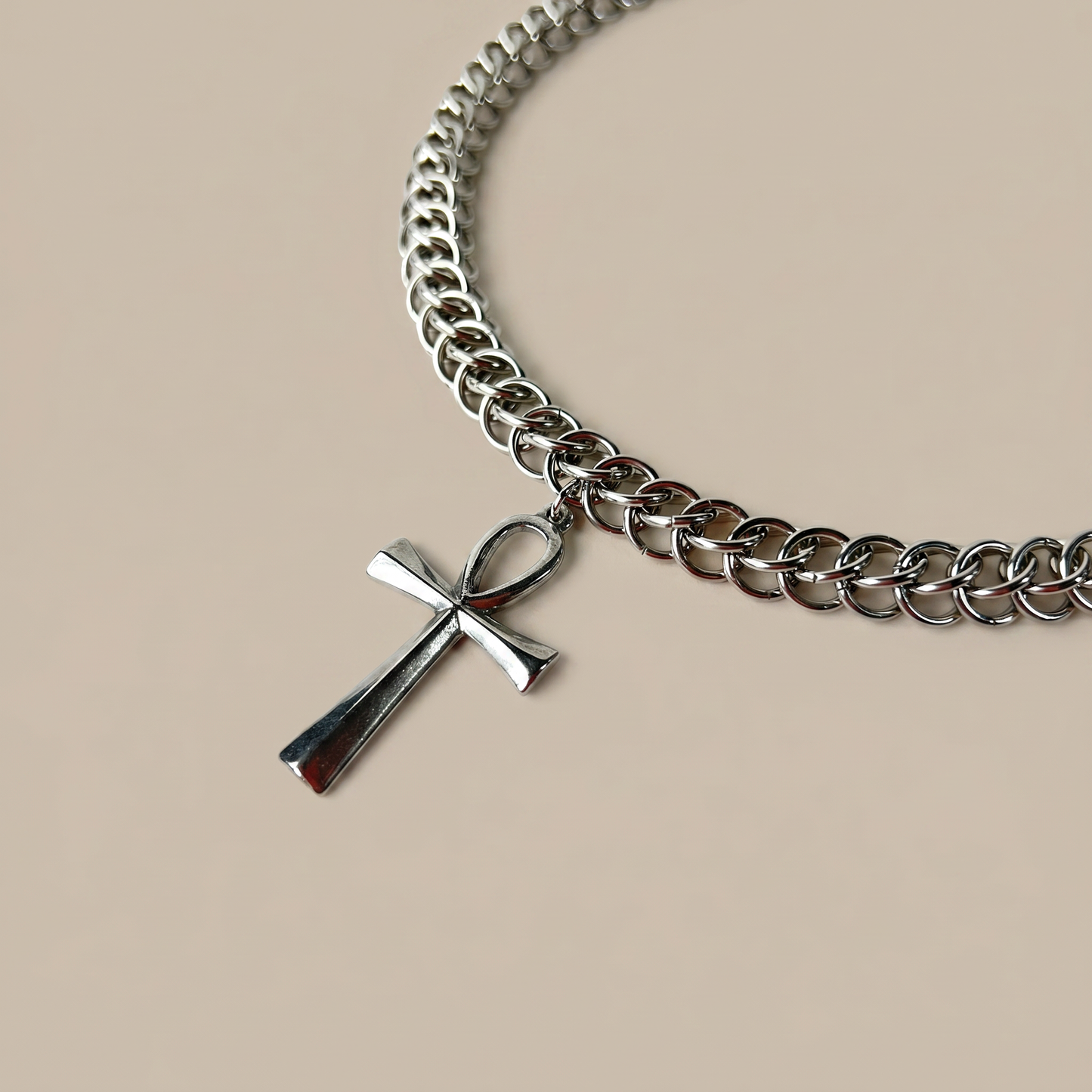 Half Persian chainmail choker with an Ankh pendant, Egyptian cross, necklace
