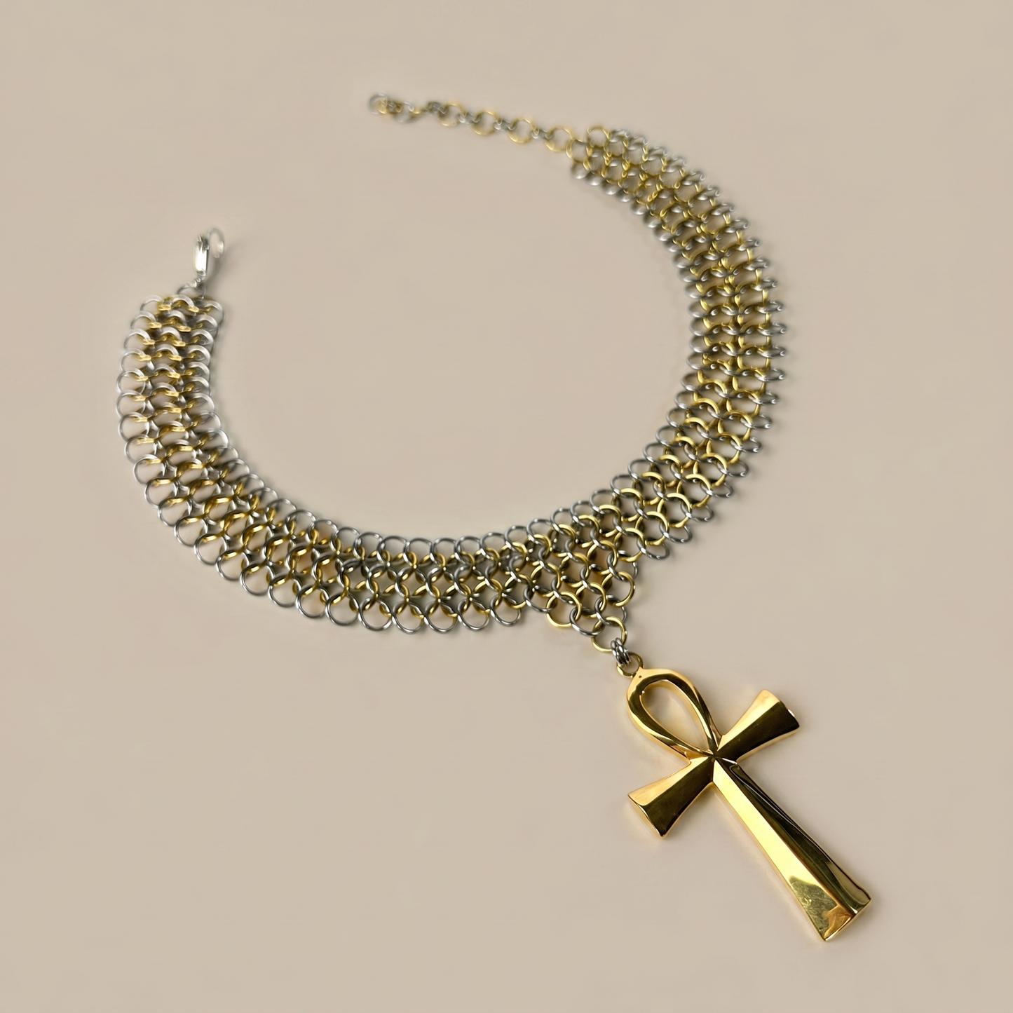 Ankh chainmail bib necklace European 4 in 1 necklace, silver and gold tones