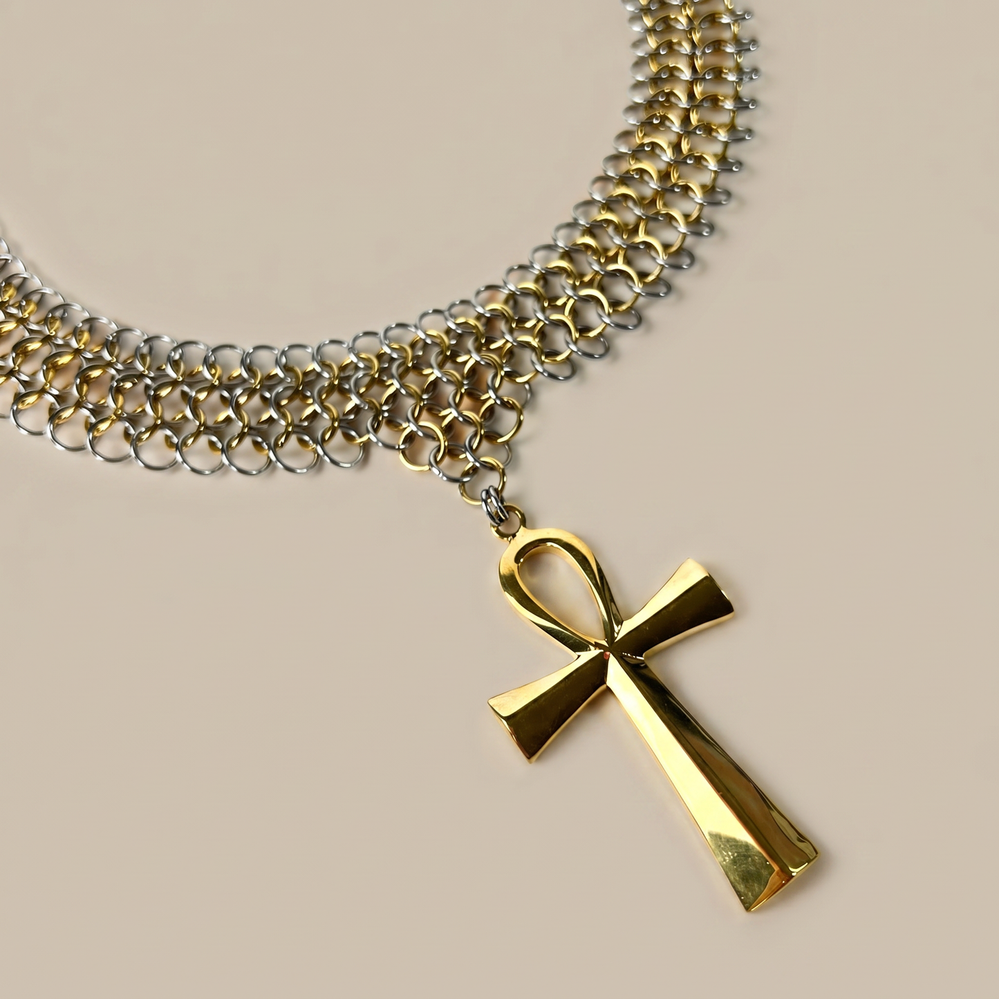 Ankh chainmail bib necklace European 4 in 1 necklace, silver and gold tones