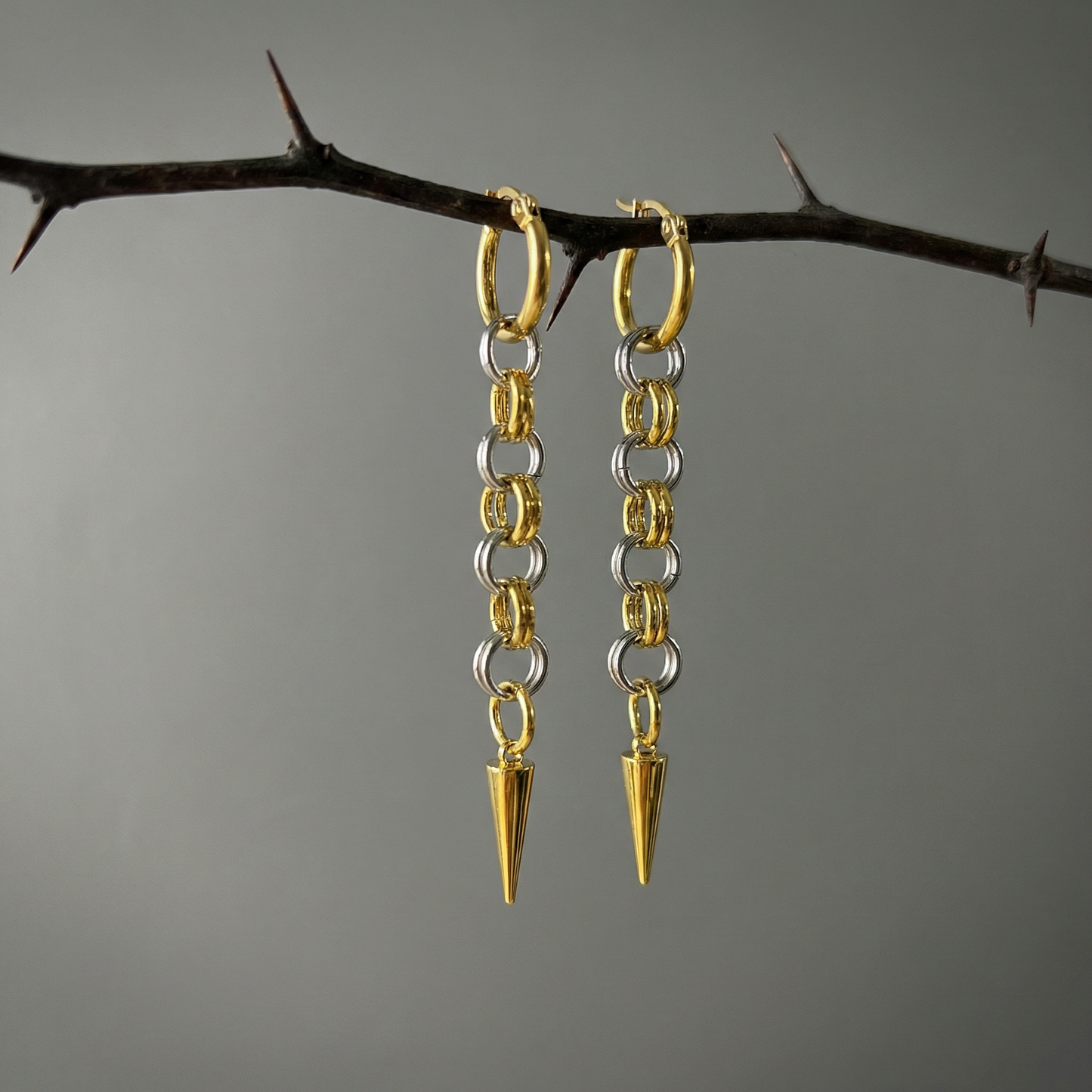 Silver and gold mixed metal chainmail earrings, hoops and spikes Baguette Magick