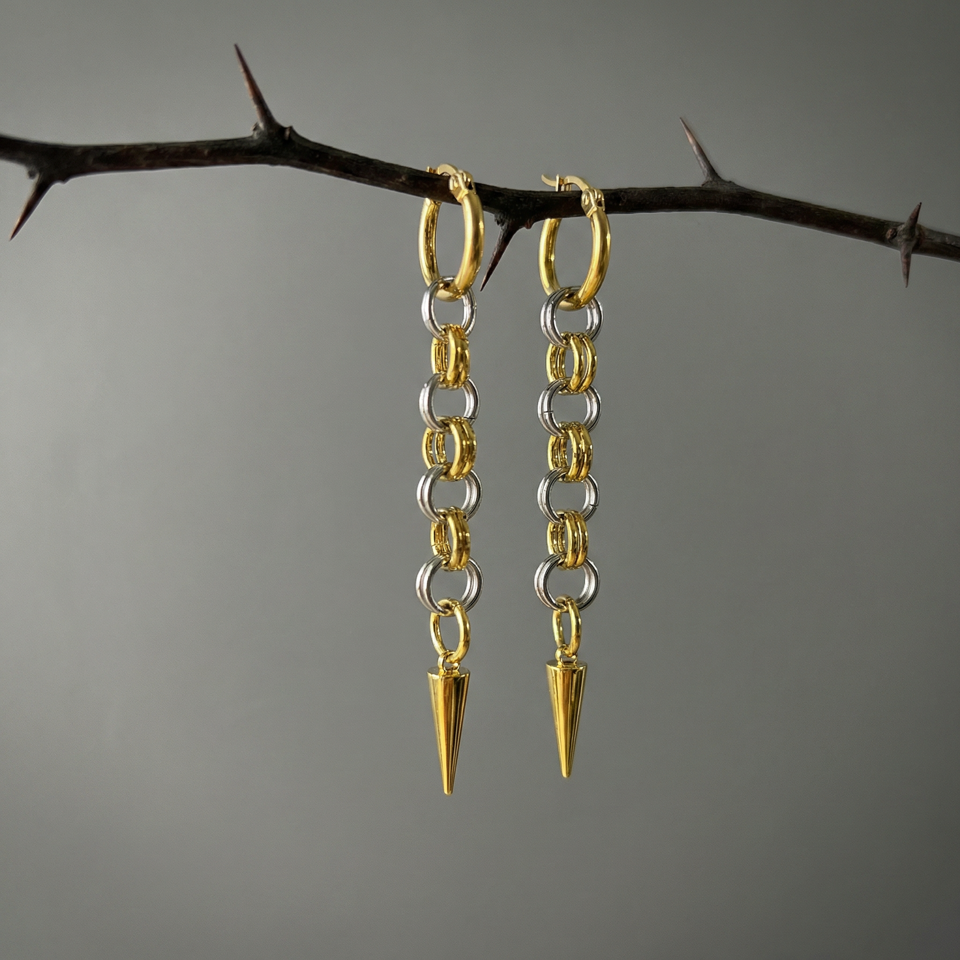 Silver and gold mixed metal chainmail earrings, hoops and spikes Baguette Magick