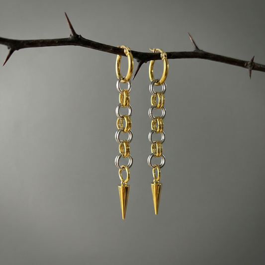 Silver and gold mixed metal chainmail earrings, hoops and spikes Baguette Magick