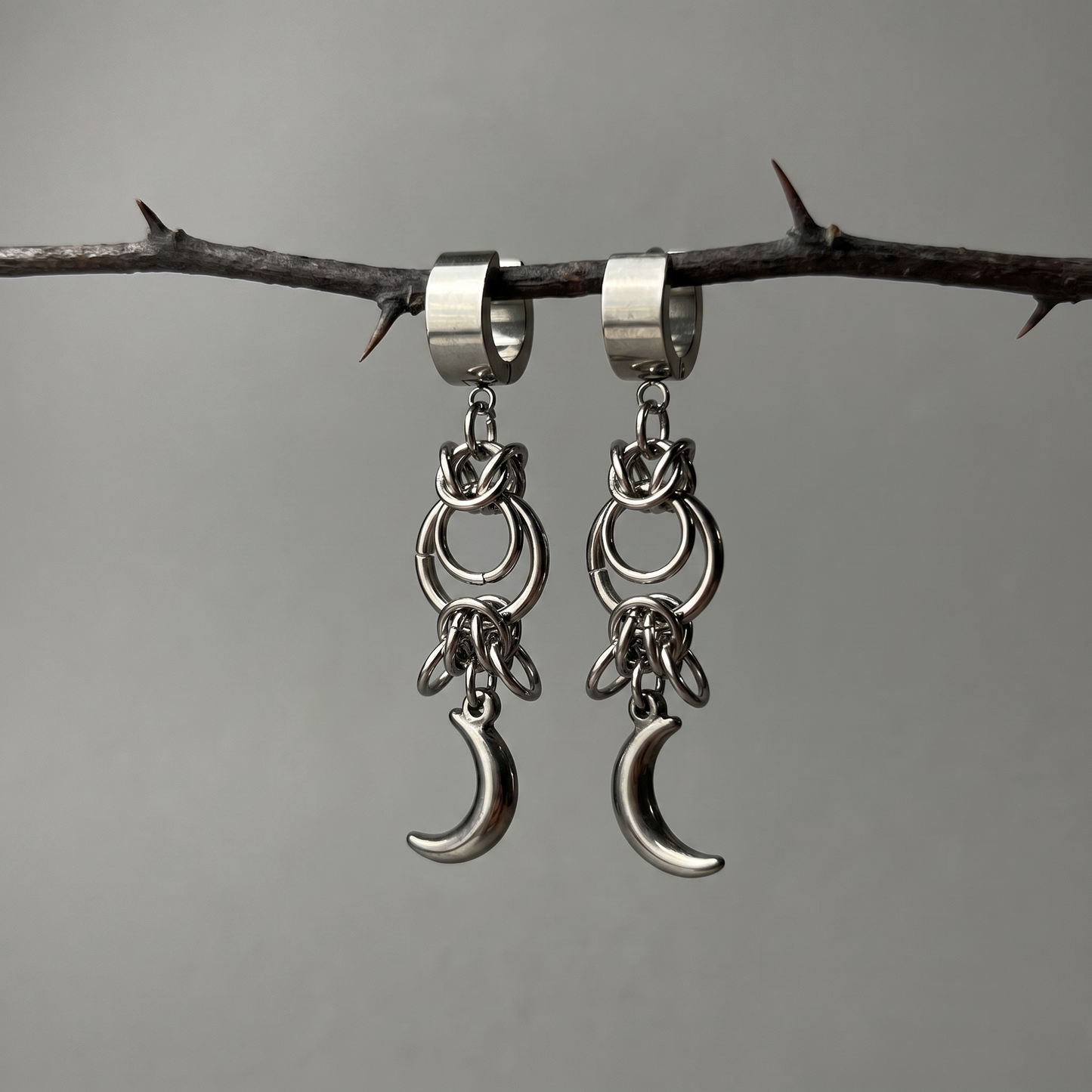 Celestial chainmail earrings, Byzantine weave and Moon crescent, stainless steel