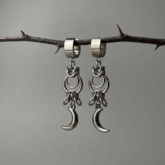 Celestial chainmail earrings, Byzantine weave and Moon crescent, stainless steel
