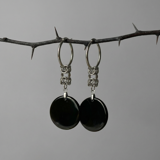 Obsidian disks Byzantine chainmail and hoop earrings, stainless steel