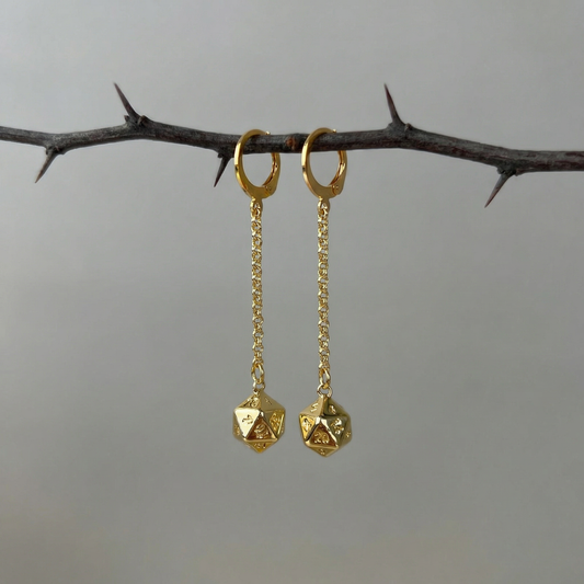 D20 gold dice roleplay earrings, 18k gold plated stainless steel Baguette Magick