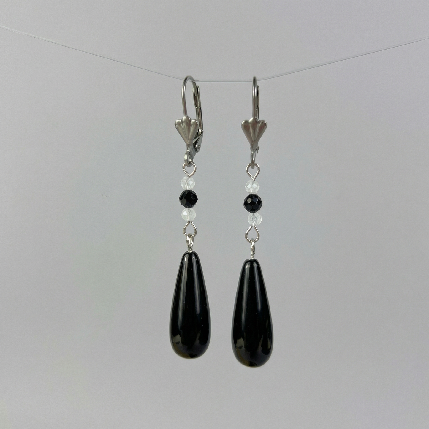 Obsidian, Moonstone and Onyx elegant dainty drop earrings