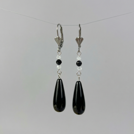 Obsidian, Moonstone and Onyx elegant dainty drop earrings Baguette Magick