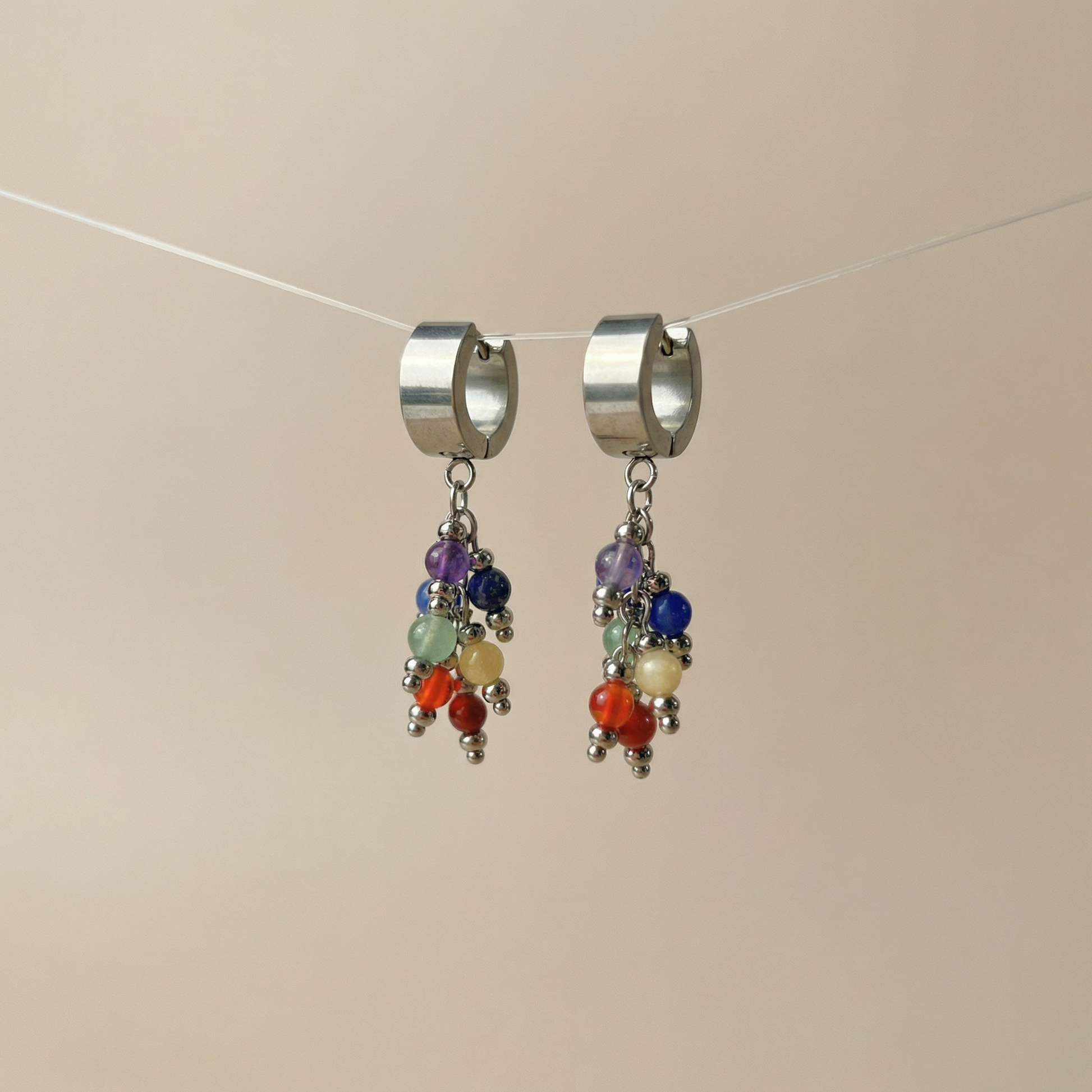 Seven chakra gemstone dangle earrings, crystal beads and stainless steel Baguette Magick