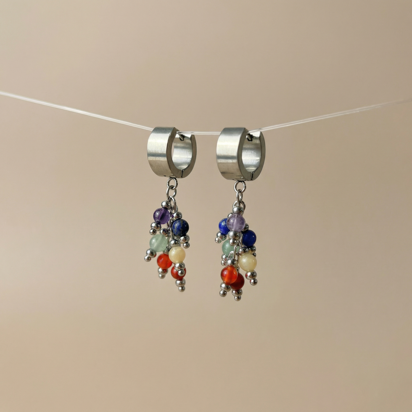 Seven chakra gemstone dangle earrings, crystal beads and stainless steel Baguette Magick
