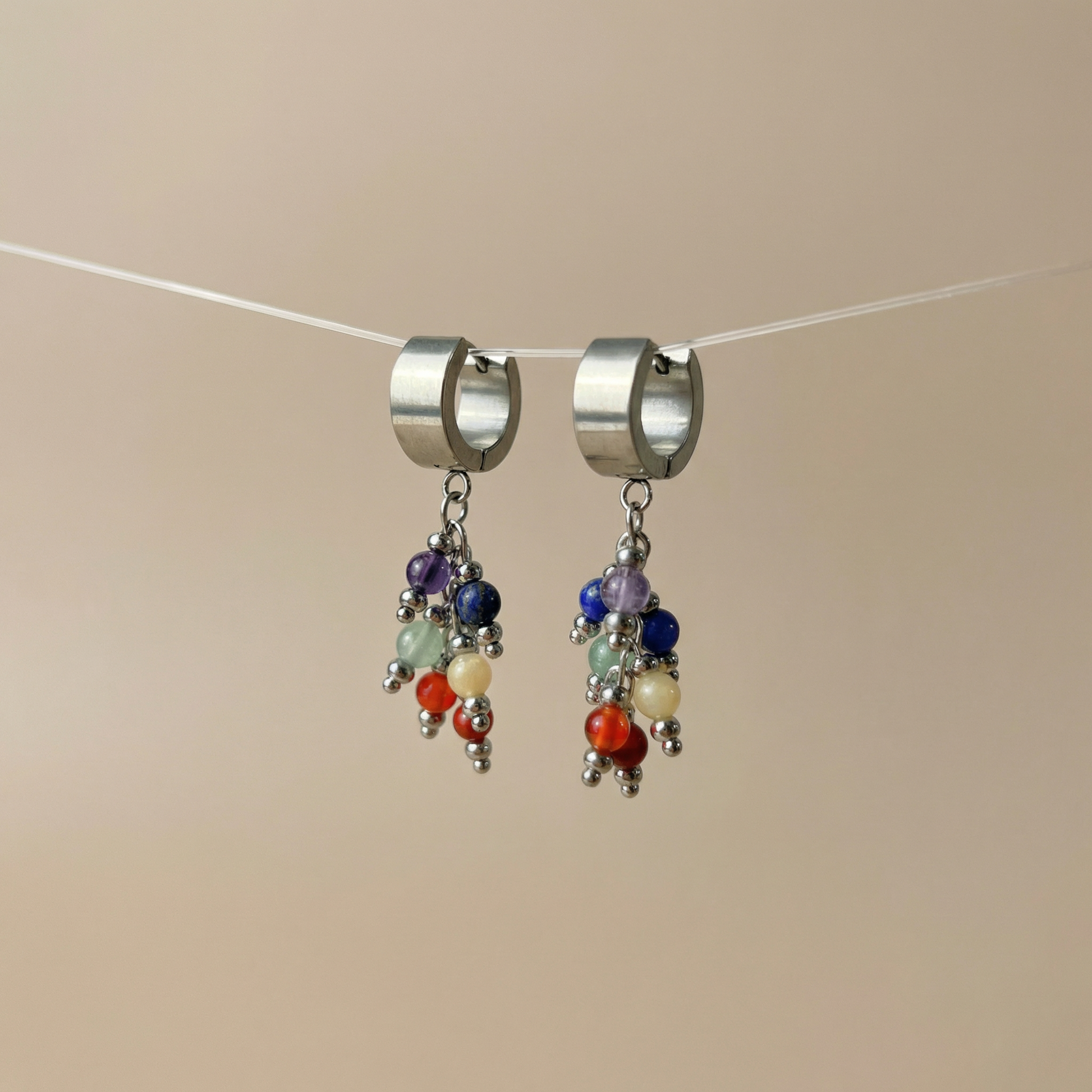 Seven chakra gemstone dangle earrings, crystal beads and stainless steel Baguette Magick