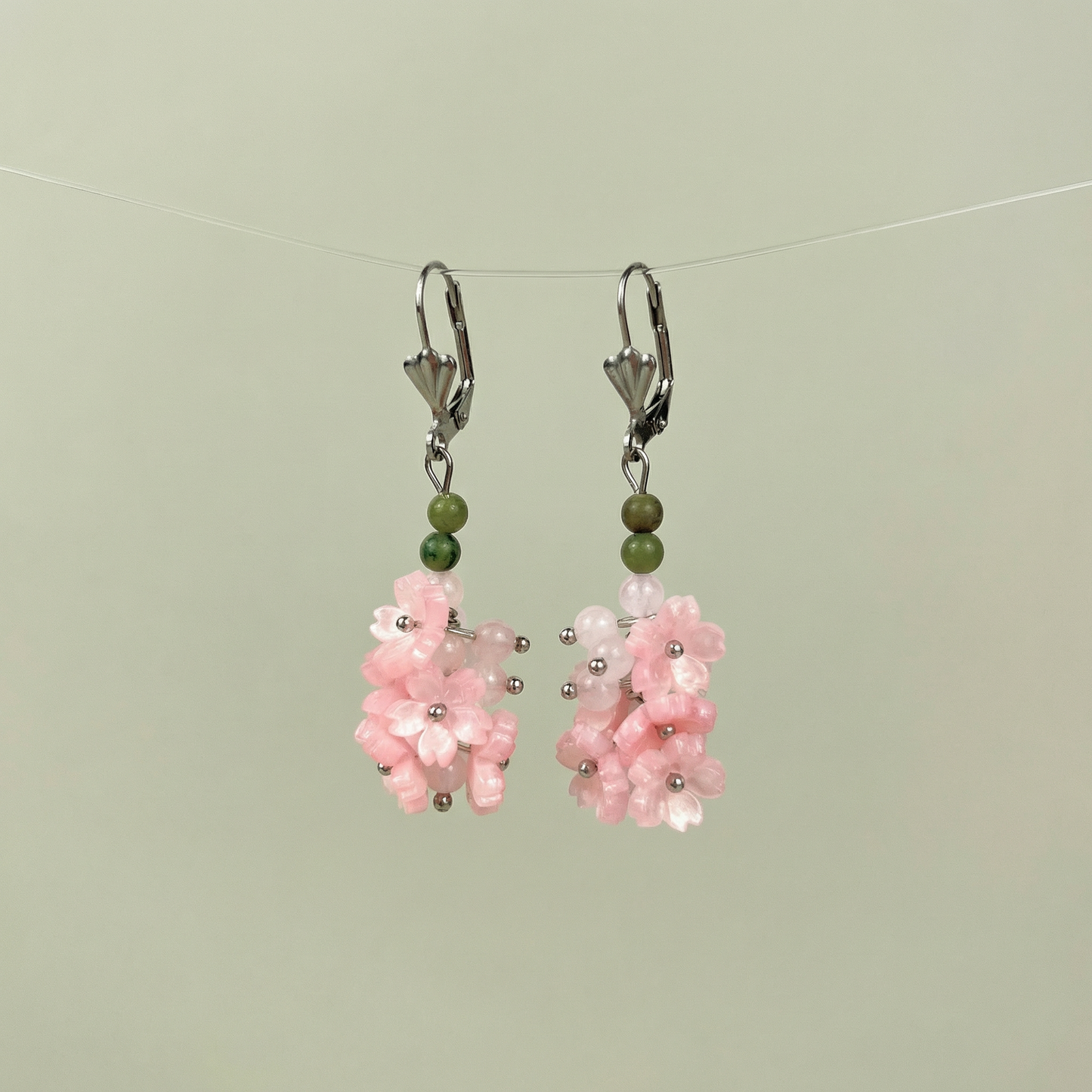 Sakura bloom dangle earrings: rose quartz, green jade, leverback