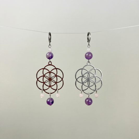 Big flower of life, rose quartz, and amethyst earrings