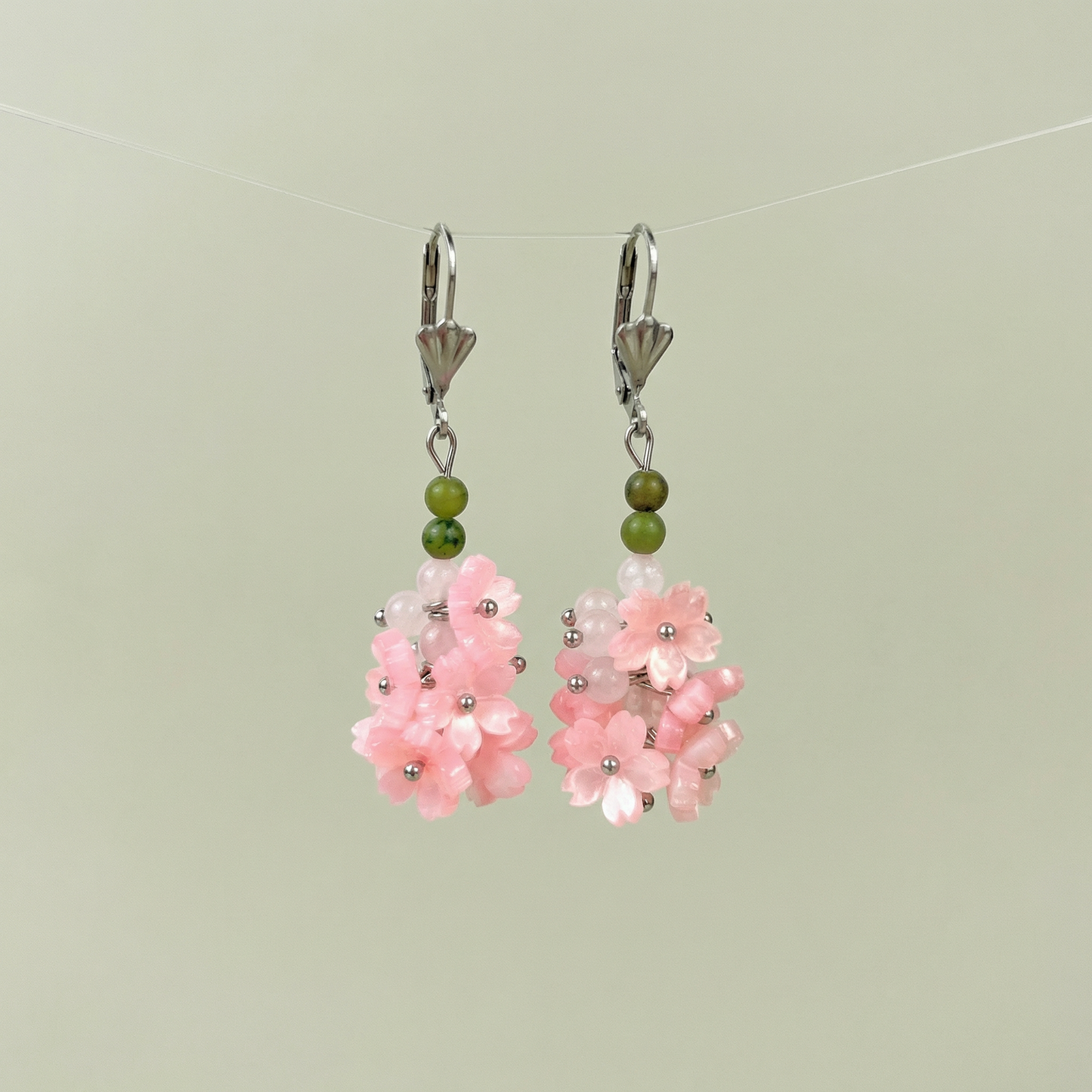 Sakura bloom dangle earrings: rose quartz, green jade, leverback