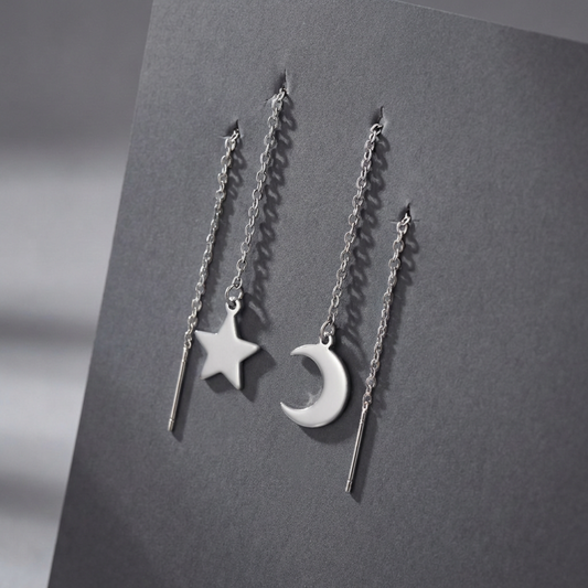 Crescent moon and star threader earrings Baguette Magick