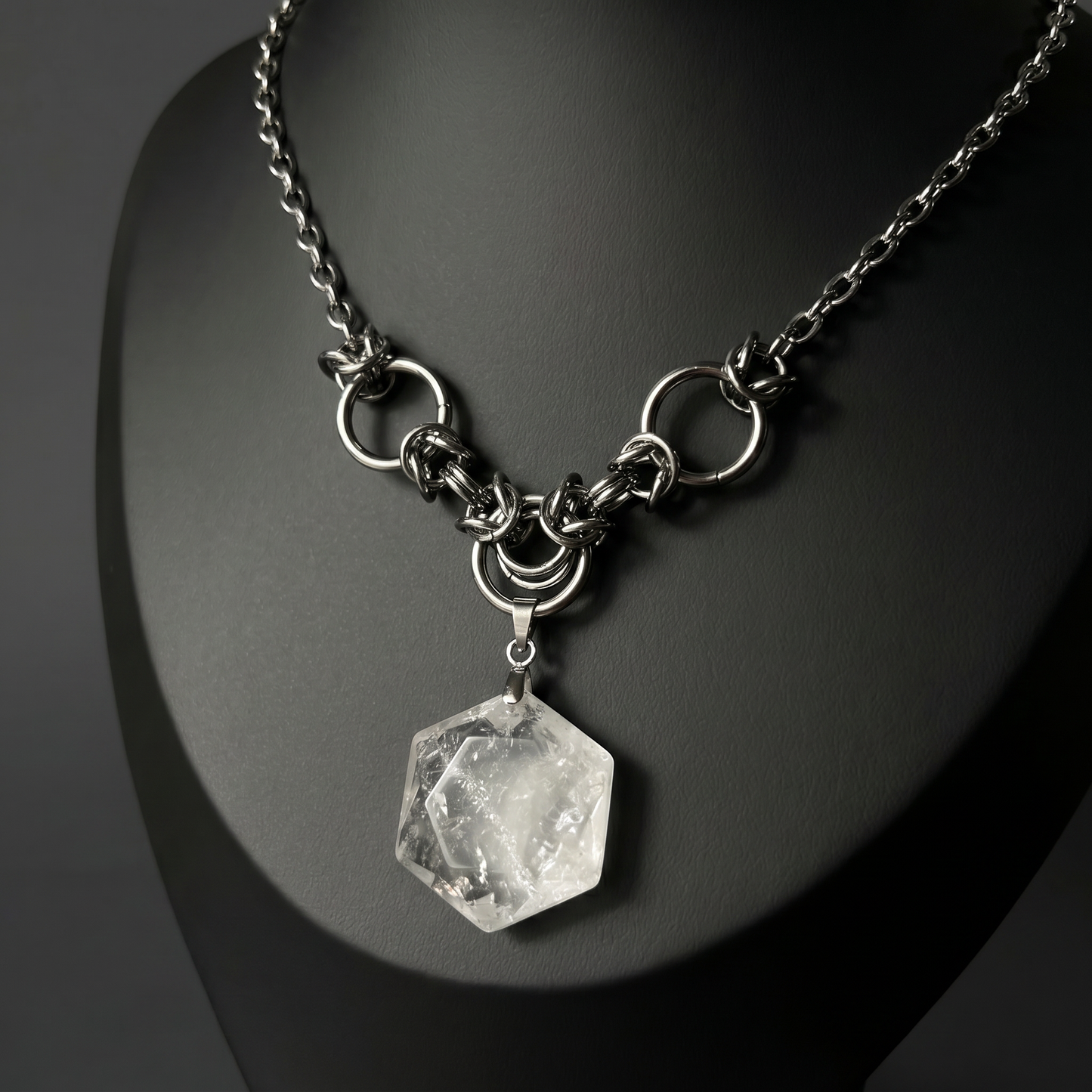 Quartz hexagram necklace with chainmail accents Baguette Magick