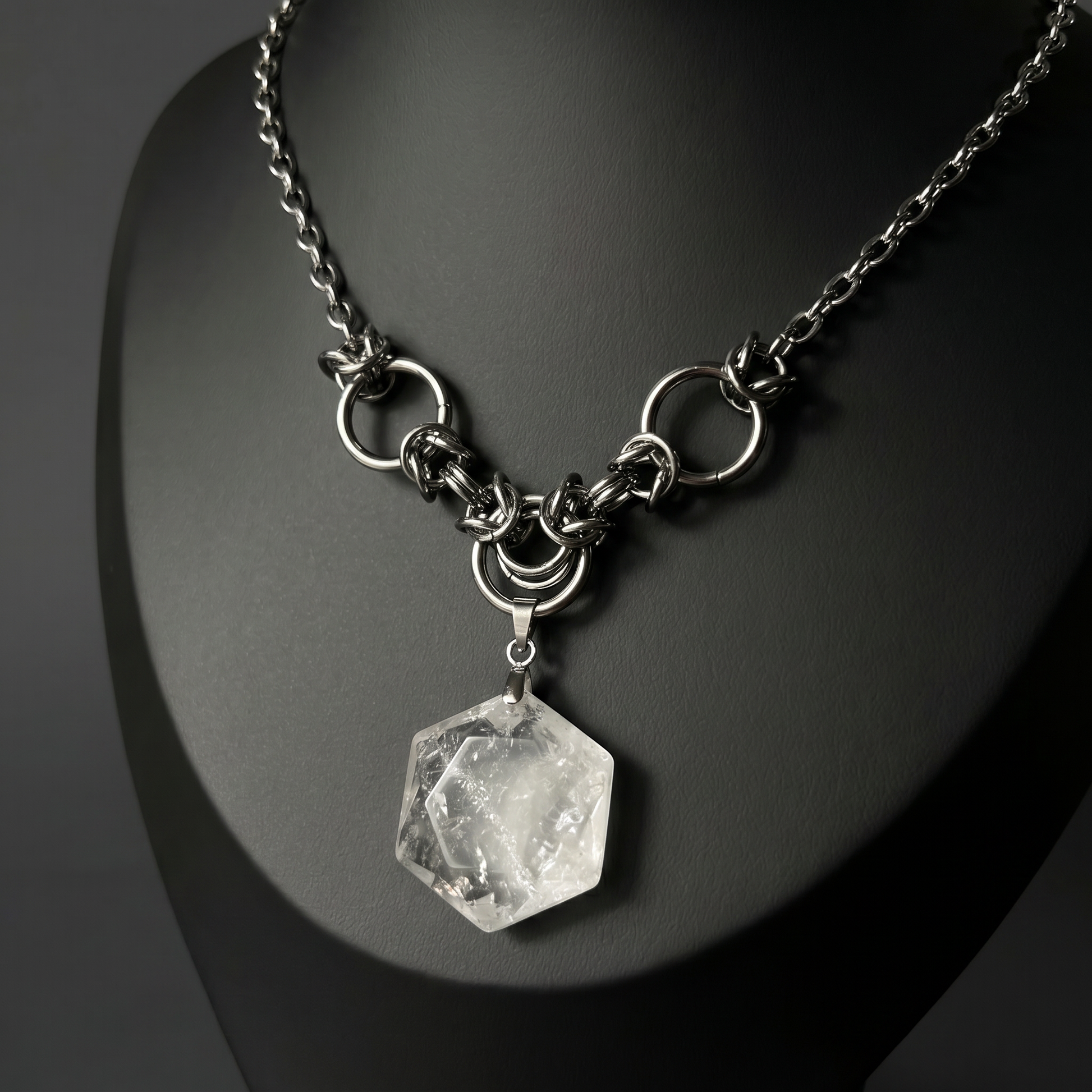 Quartz hexagram necklace with chainmail accents Baguette Magick