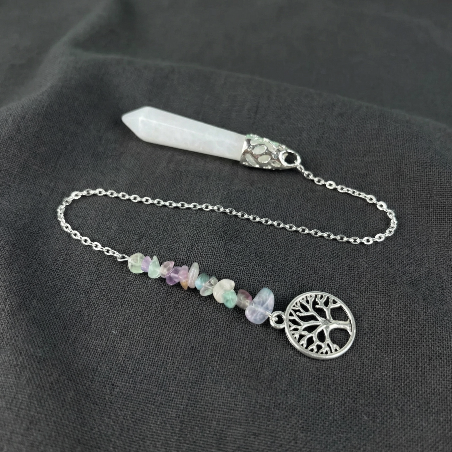 Clear quartz, fluorite and tree of life pendulum