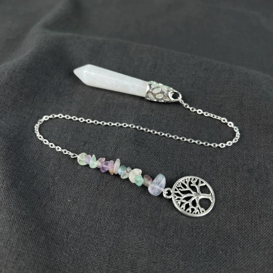 Clear quartz, fluorite and tree of life pendulum