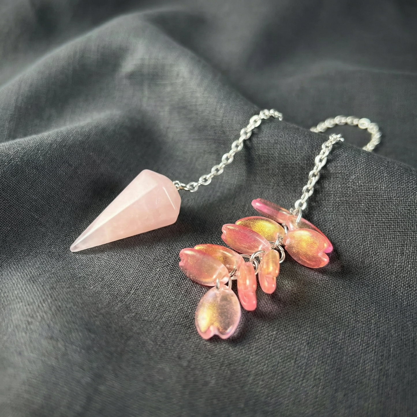 Rose quartz and sakura petals dowsing pendulum
