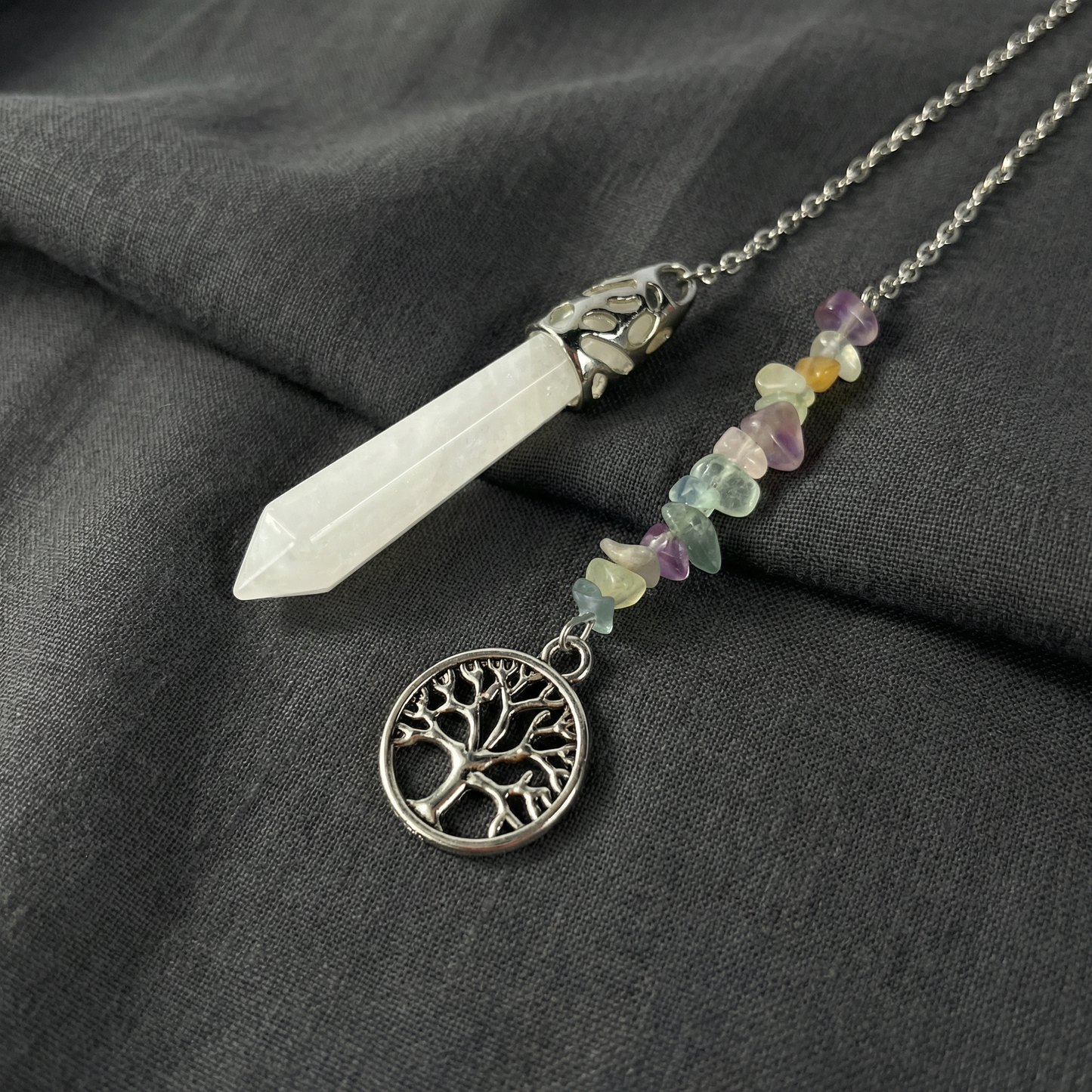Clear quartz, fluorite and tree of life pendulum