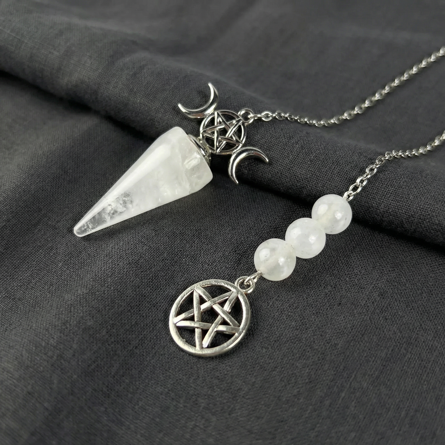 Triple Moon and Pentacle dowsing pendulum clear quartz or amethyst Baguette Magick