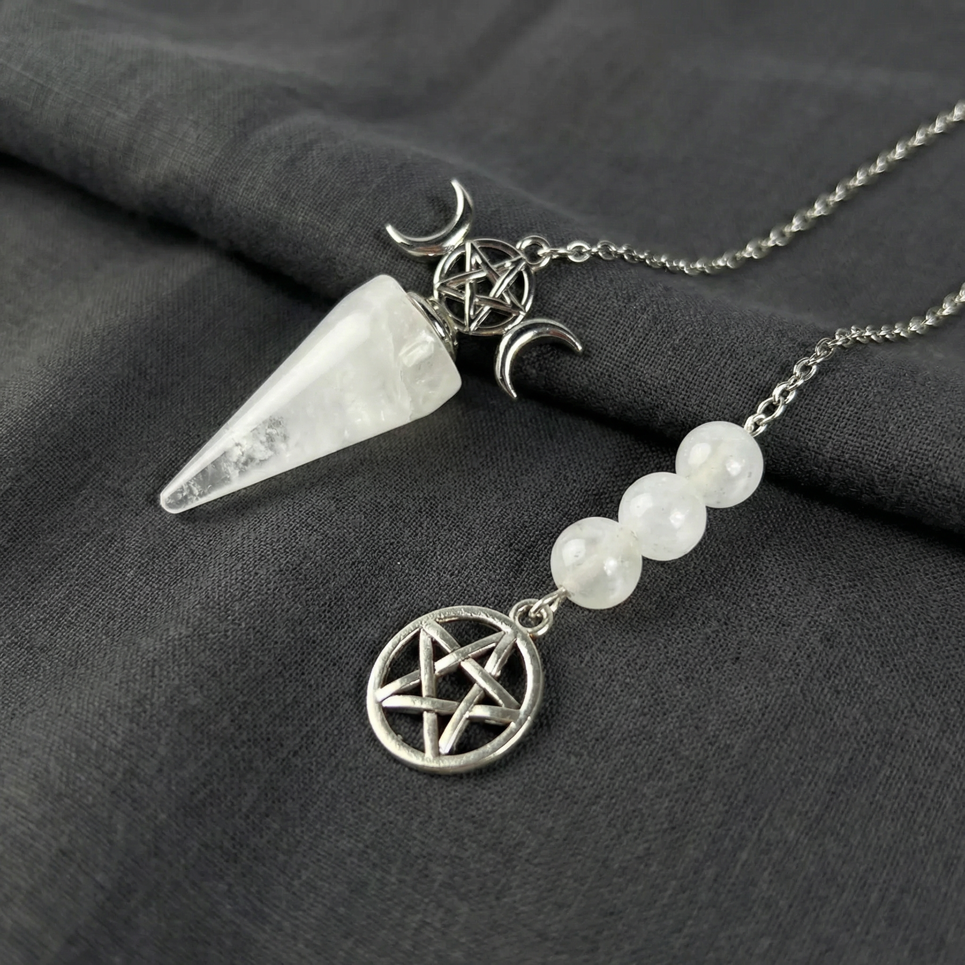 Triple Moon and Pentacle dowsing pendulum clear quartz or amethyst Baguette Magick