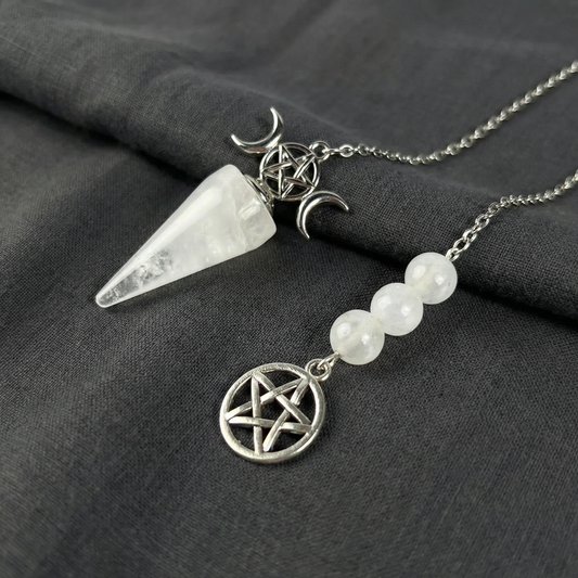Triple Moon and Pentacle dowsing pendulum clear quartz or amethyst Baguette Magick