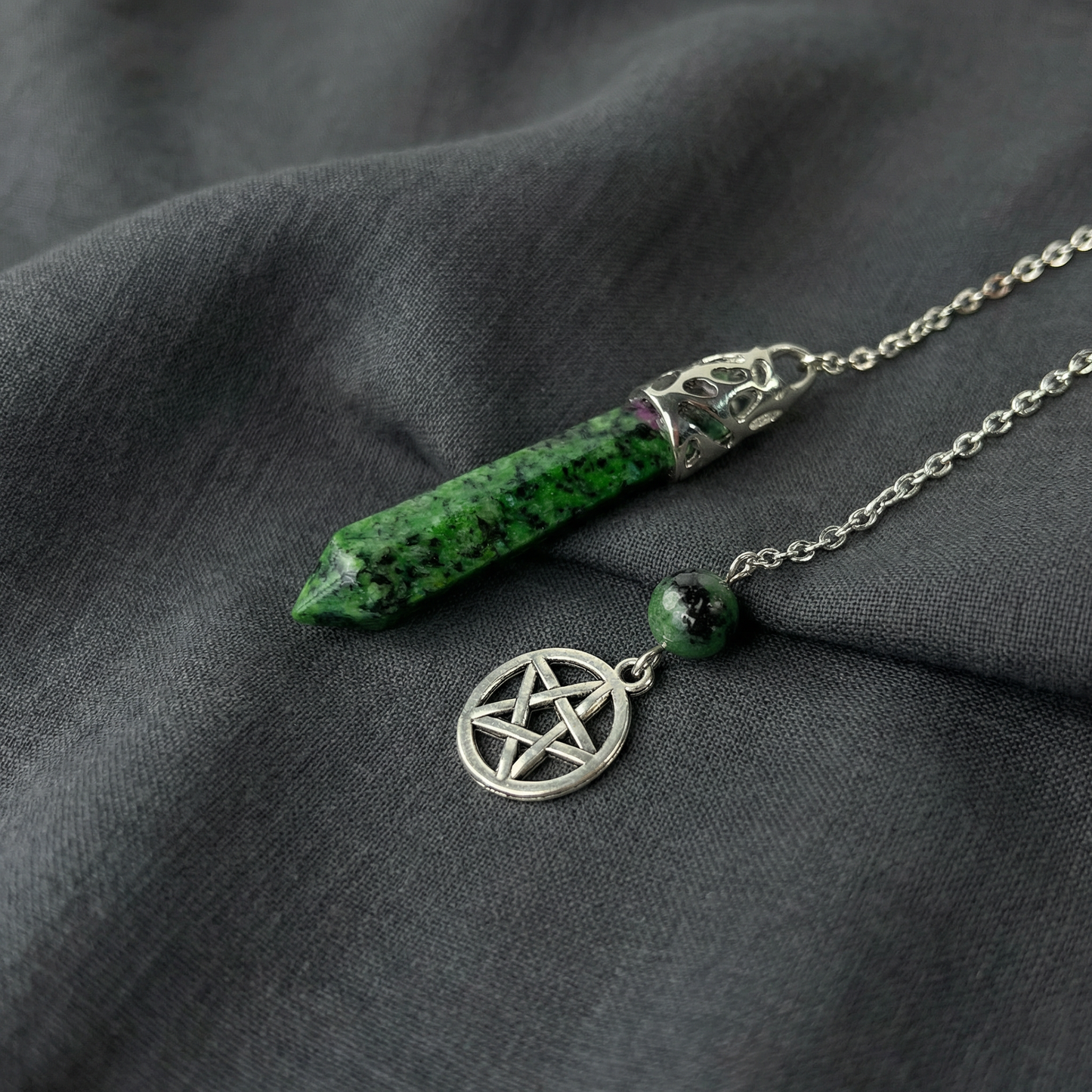 Ruby in Zoisite Anyolite and pentacle dowsing pendulum Baguette Magick