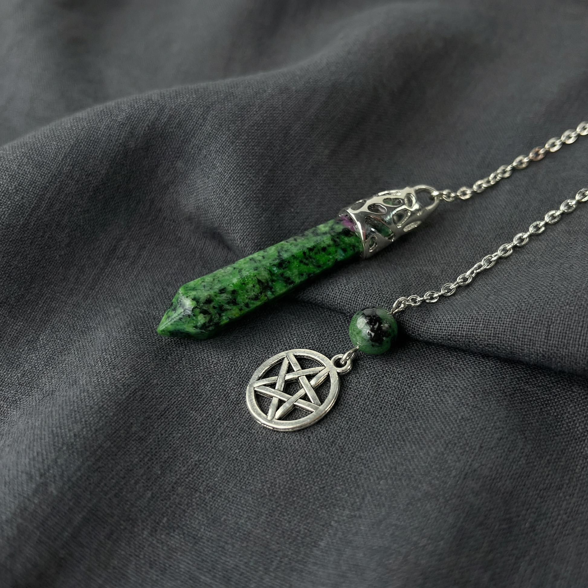 Ruby in Zoisite Anyolite and pentacle dowsing pendulum Baguette Magick