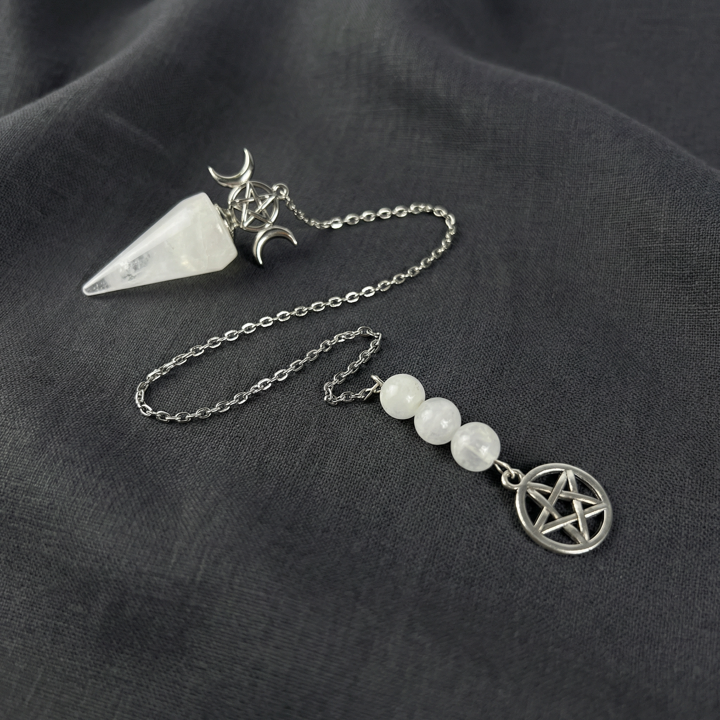 Triple Moon and Pentacle dowsing pendulum clear quartz or amethyst Baguette Magick