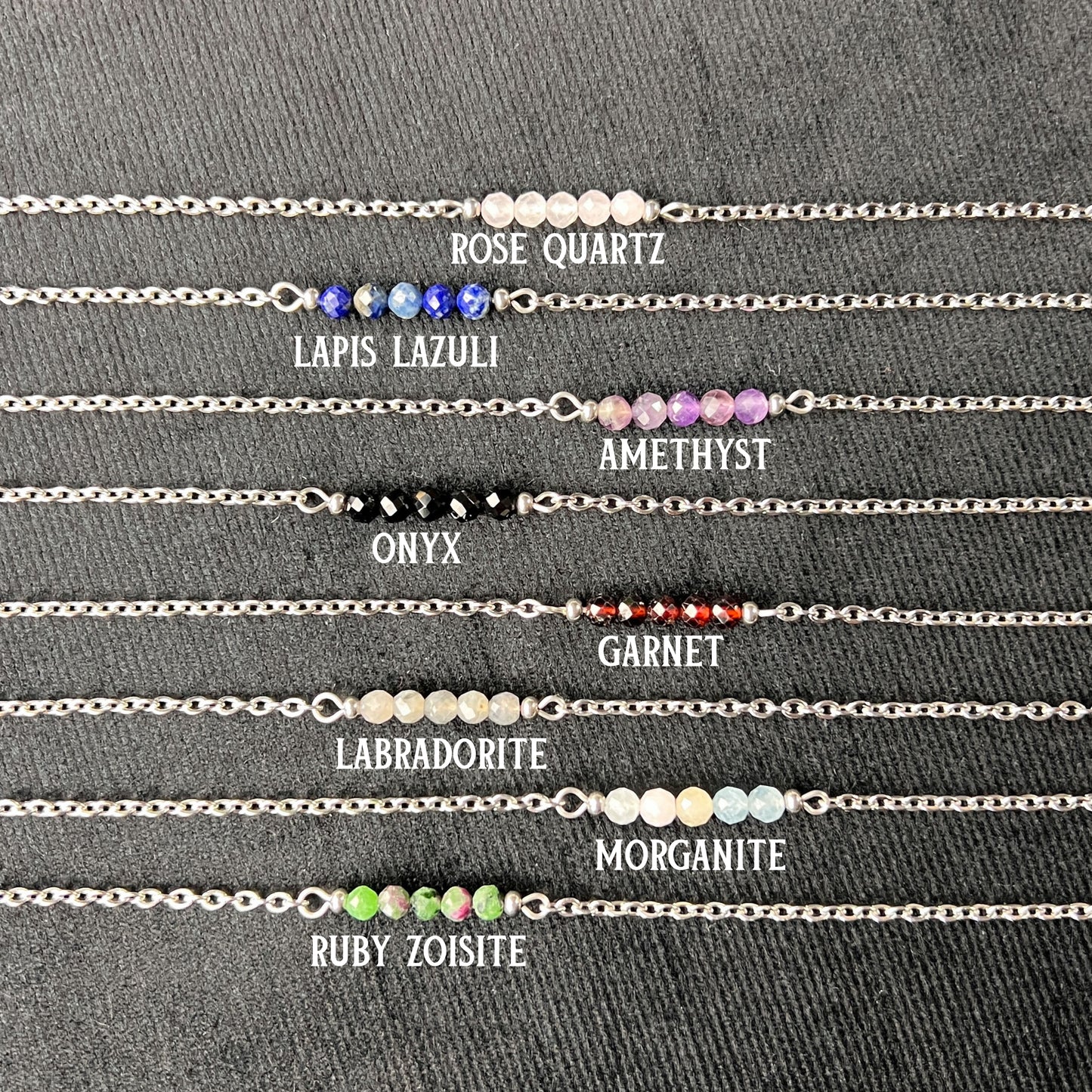 Faceted beads gemstone necklace, hypoallergenic waterproof stainless steel Baguette Magick