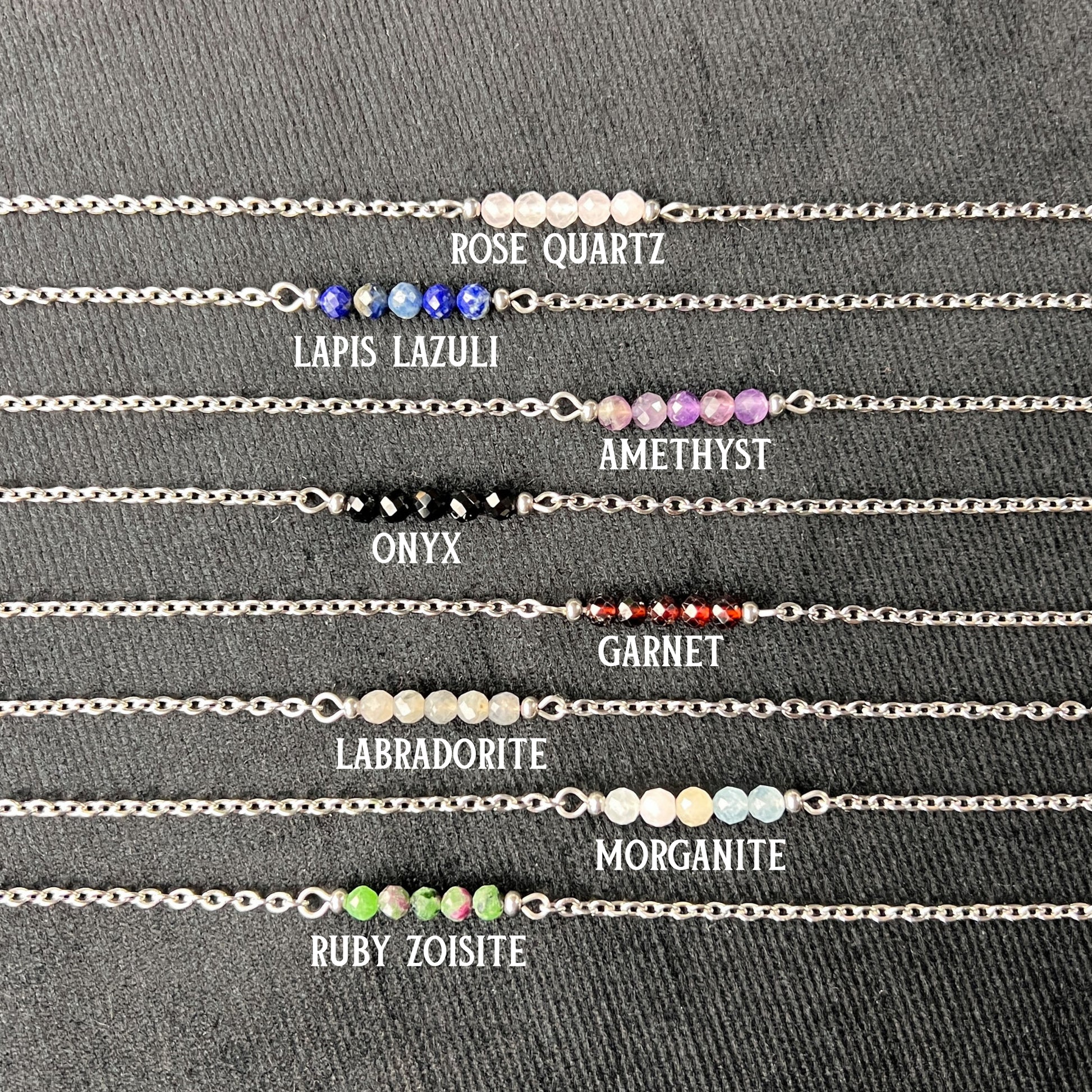 Faceted beads gemstone necklace, hypoallergenic waterproof stainless steel Baguette Magick