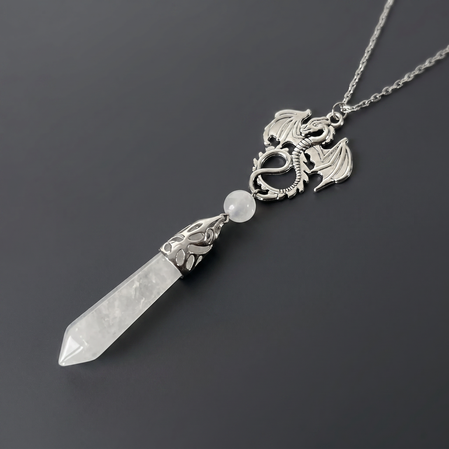 Dragon and clear quartz pendulum necklace