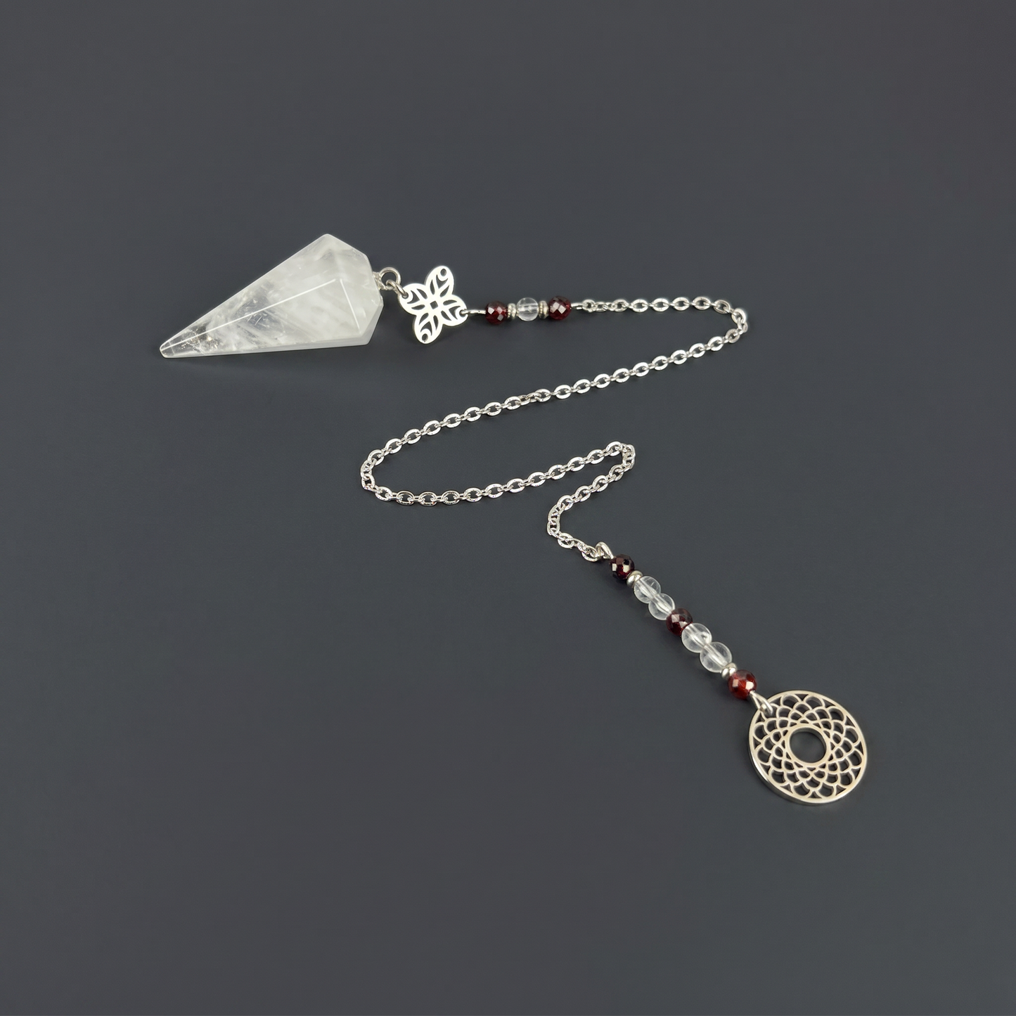 Pendule de géométrie sacrée en quartz et grenat