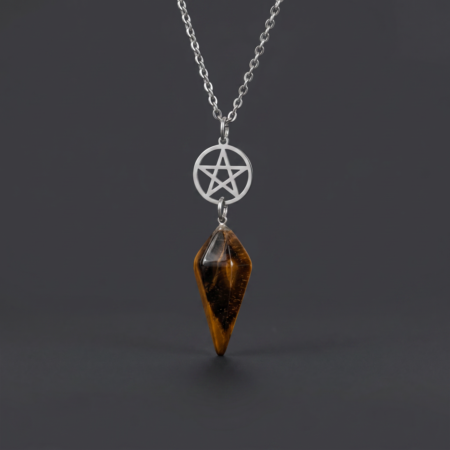 Collier pendule œil de tigre et pentacle