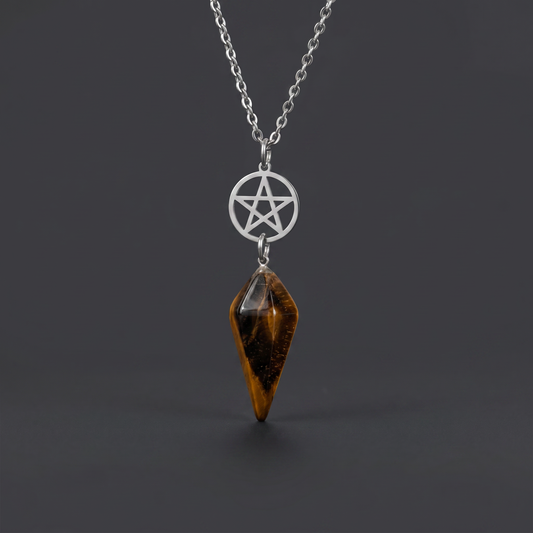 Tiger eye and pentacle pendulum necklace