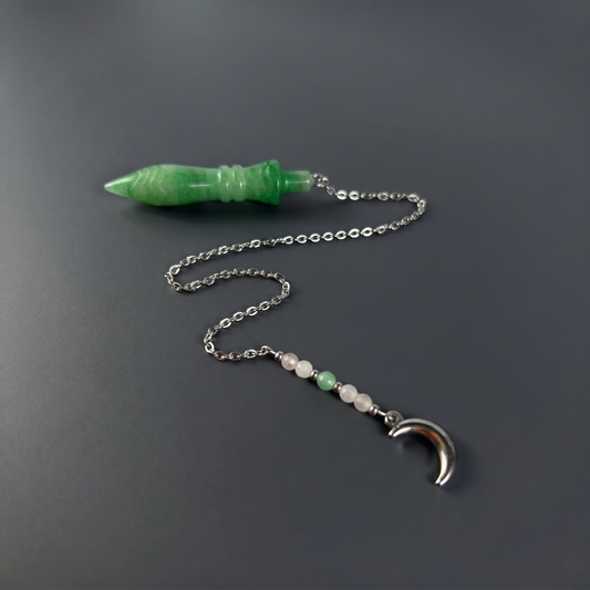 Pendule égyptien Thot gravé, aventurine, quartz rose, breloque croissant de lune
