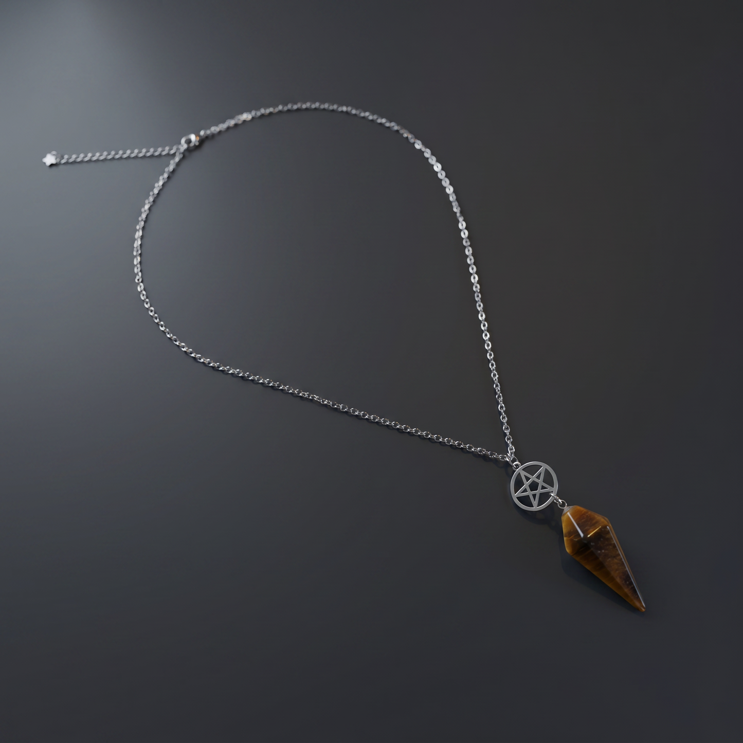 Collier pendule œil de tigre et pentacle