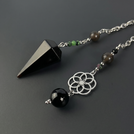 Obsidian, Ruby Zoisite & Onyx Dowsing Pendulum, with flower of life charm