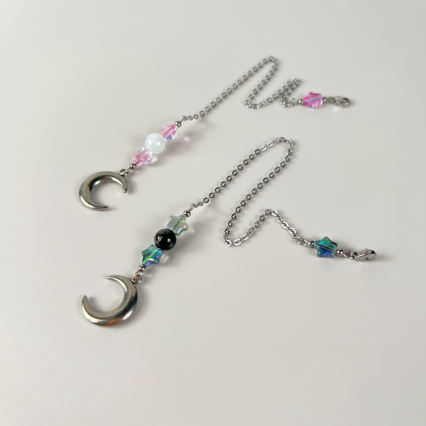 Cute pendulum chains, Stars, Rainbow Obsidian or Clear Quartz, Moon Crescent