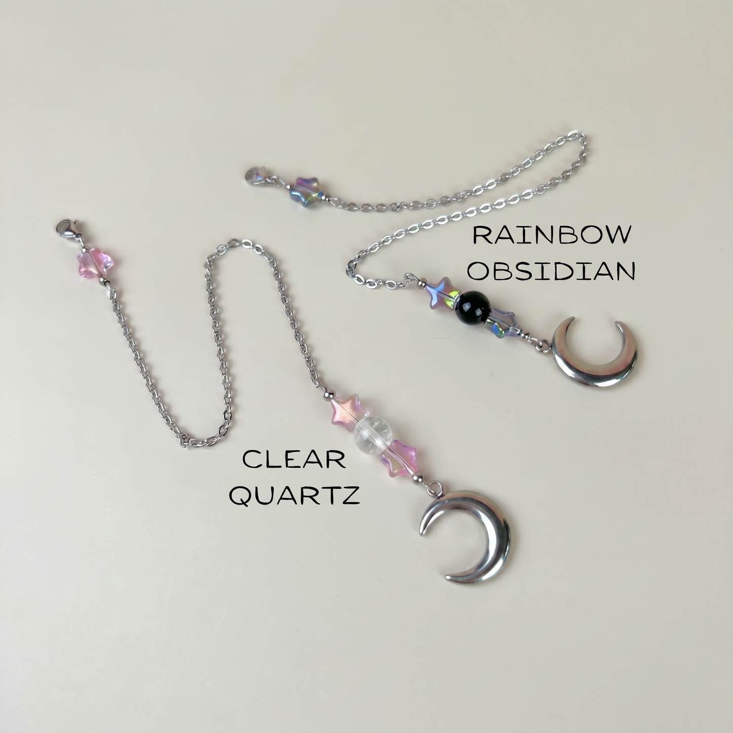 Cute pendulum chains, Stars, Rainbow Obsidian or Clear Quartz, Moon Crescent