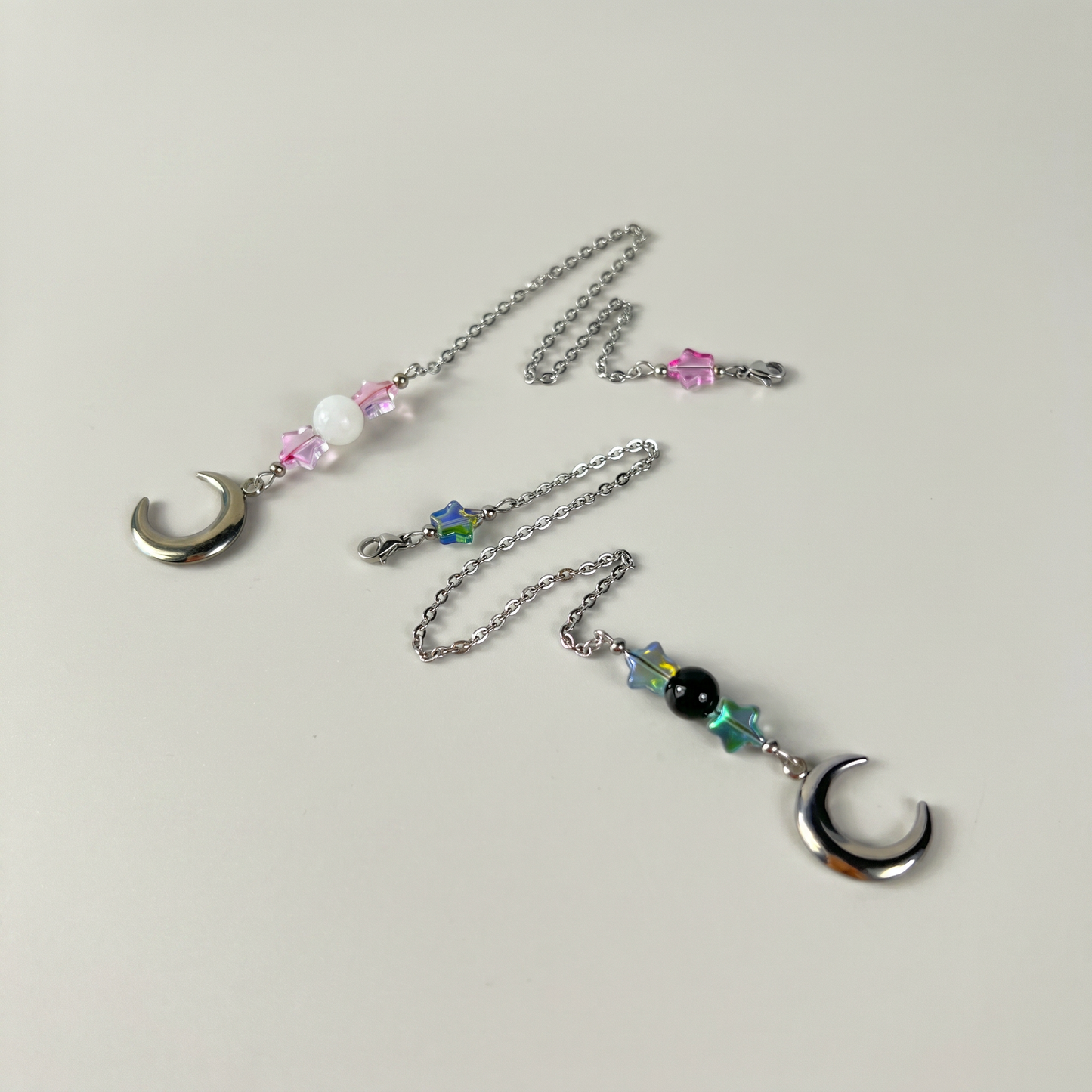 Cute pendulum chains, Stars, Rainbow Obsidian or Clear Quartz, Moon Crescent
