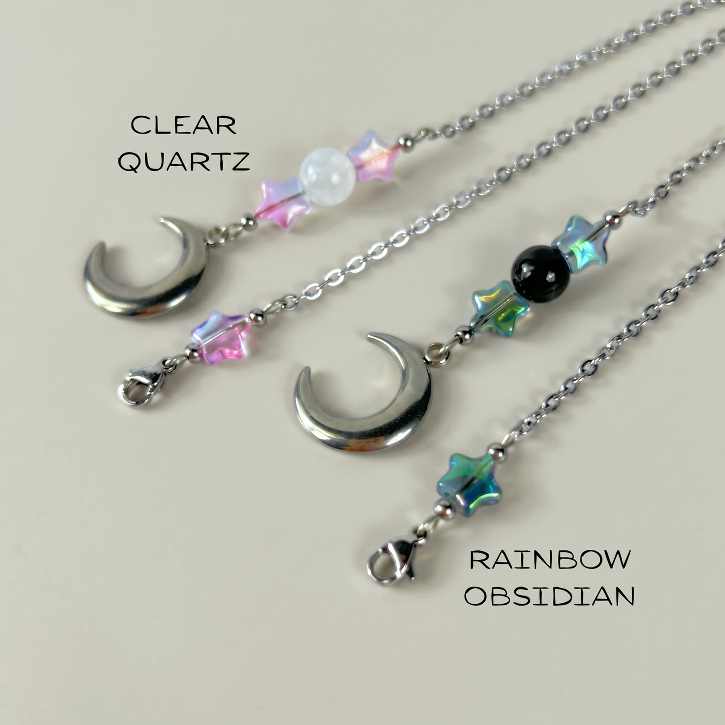 Cute pendulum chains, Stars, Rainbow Obsidian or Clear Quartz, Moon Crescent