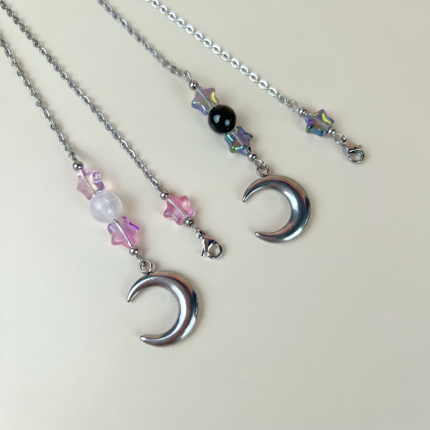 Cute pendulum chains, Stars, Rainbow Obsidian or Clear Quartz, Moon Crescent