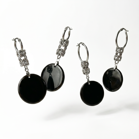 Obsidian disks Byzantine chainmail and hoop earrings, stainless steel